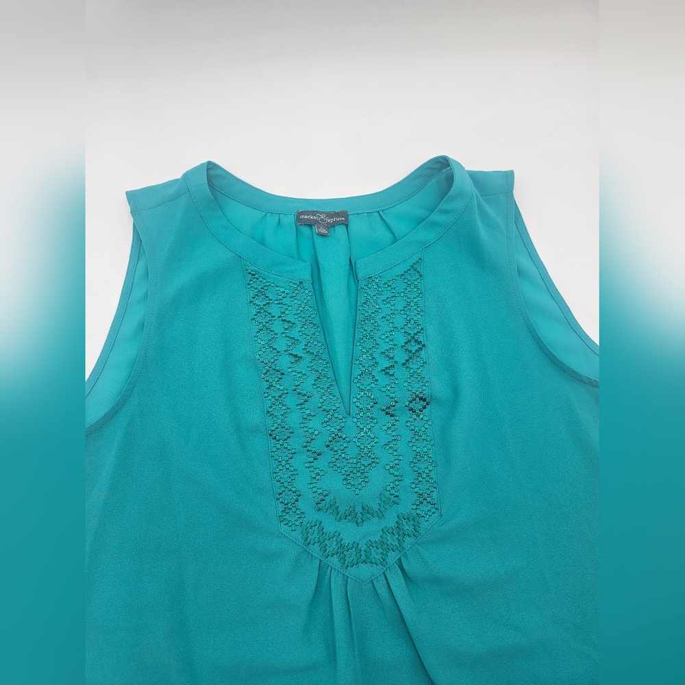 Market & Spruce Womens Green Sleeveless Embroidered Notch V-Neck Top L - Picture 5 of 12